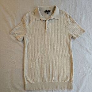 Express Textured Knit Johnny Collar Cotton Sweater Polo Cream Retro
